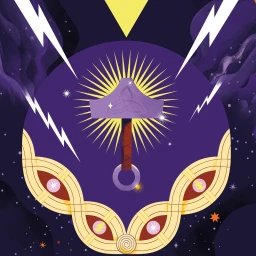 Digital illustration by Adamastor featuring a central purple hammer symbol against a dark background with lightning bolts.