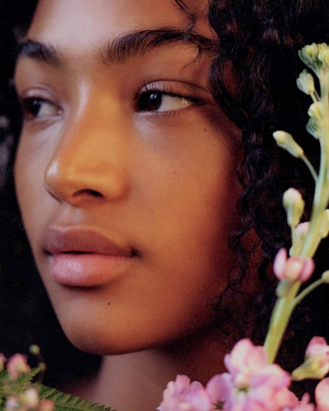 Close-up portrait of a young adult woman with curly hair, fair skin, and pink flowers. Soft, natural lighting and shallow depth of field.