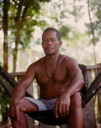 Portrait of an older Black man seated in a dark hammock outdoors wearing light shorts and a bead necklace
