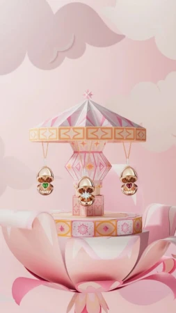 Whimsical carousel with golden egg-shaped pendants hanging from a striped canopy, set on a pink lotus flower, pastel clouds backdrop.