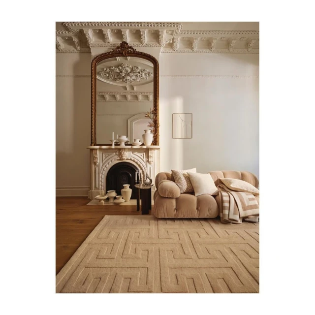 Living room interior with a beige patterned rug, sofa with pillows, a fireplace, and a mirror reflecting the room's decor and architecture.