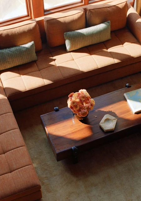 Modern interior featuring a tan sectional sofa, dark wood coffee table with floral arrangement, light-colored rug, and natural light.