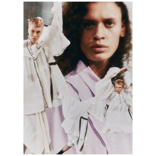 Artistic portrait collage featuring a woman with long hair and a person in a white dress with black trim, creating a unique visual aesthetic.