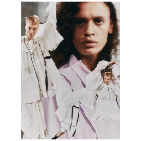 Artistic portrait collage featuring a woman with long hair and a person in a white dress with black trim, creating a unique visual aesthetic.