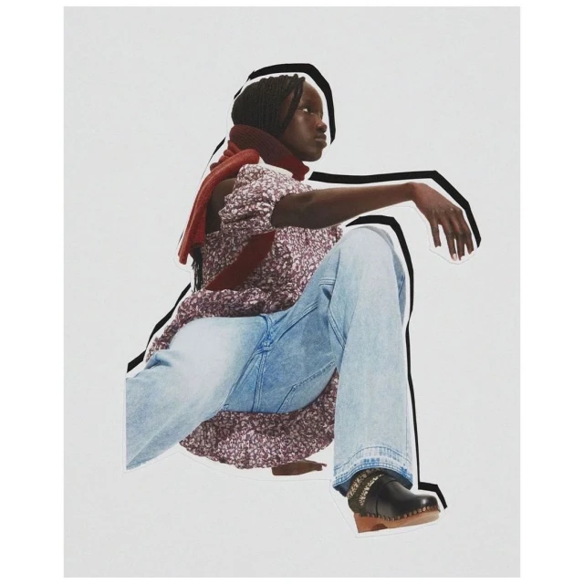Collage of a dark-skinned woman sitting in light blue jeans, floral top, red scarf, and black shoes on a white background.