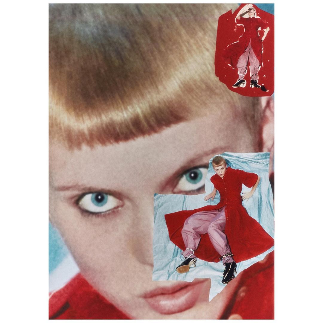 Blonde woman with blue eyes gazes at the camera in a collage featuring a woman in a red robe and pink pants on a light blue background.