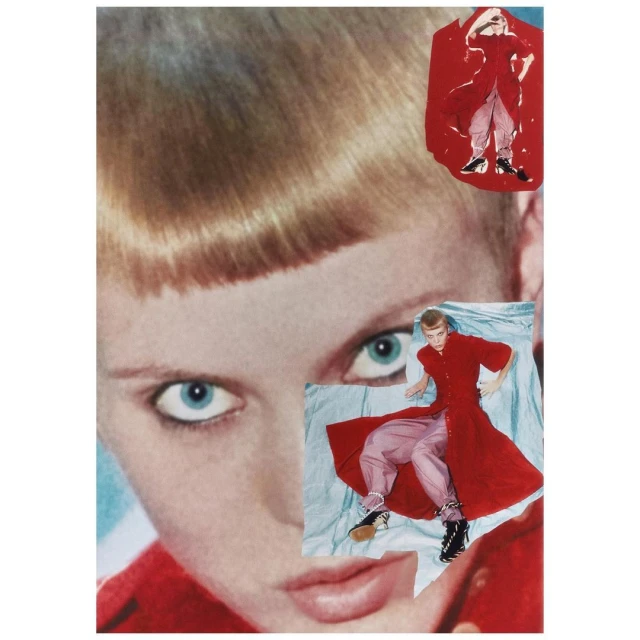 Blonde woman with blue eyes gazes at the camera in a collage featuring a woman in a red robe and pink pants on a light blue background.