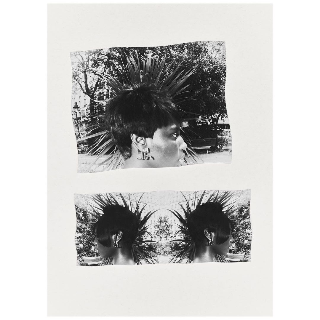 Black and white collage featuring a portrait of a person with spiky hair in a garden setting, with mirrored image below.