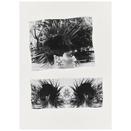 Black and white collage featuring a portrait of a person with spiky hair in a garden setting, with mirrored image below.