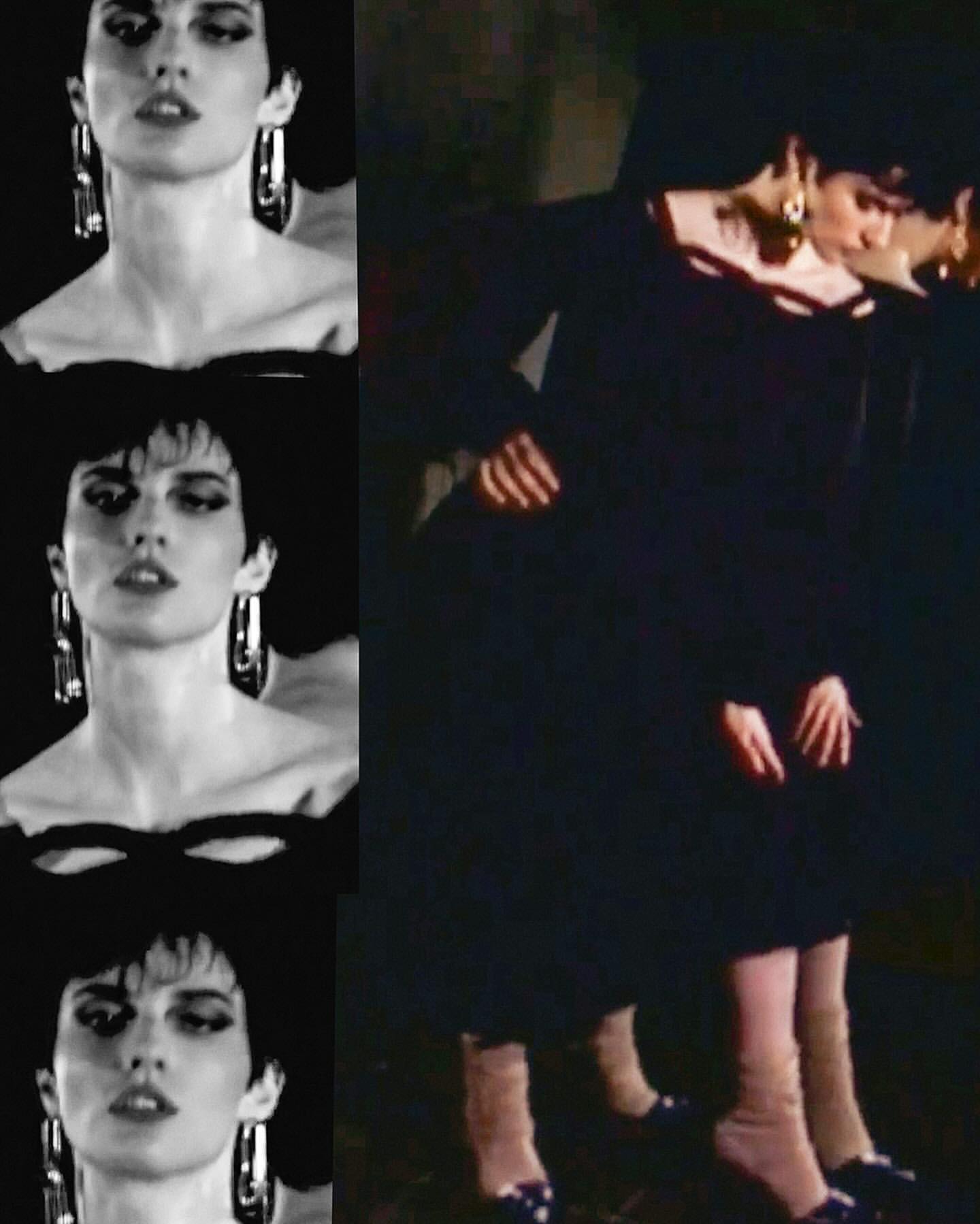 Black-and-white split-screen of a woman with short dark hair wearing large hoop earrings, against a dark backdrop and a full-body shot.