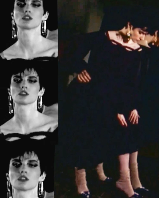 Black-and-white split-screen of a woman with short dark hair wearing large hoop earrings, against a dark backdrop and a full-body shot.