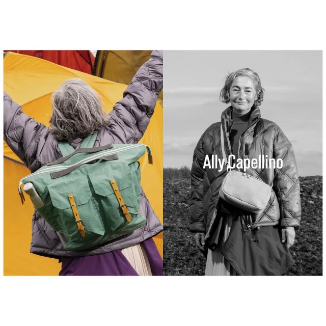 Fashion collage with two women: one holding up a backpack in front of a tent, and the other in black and white with a small bag.