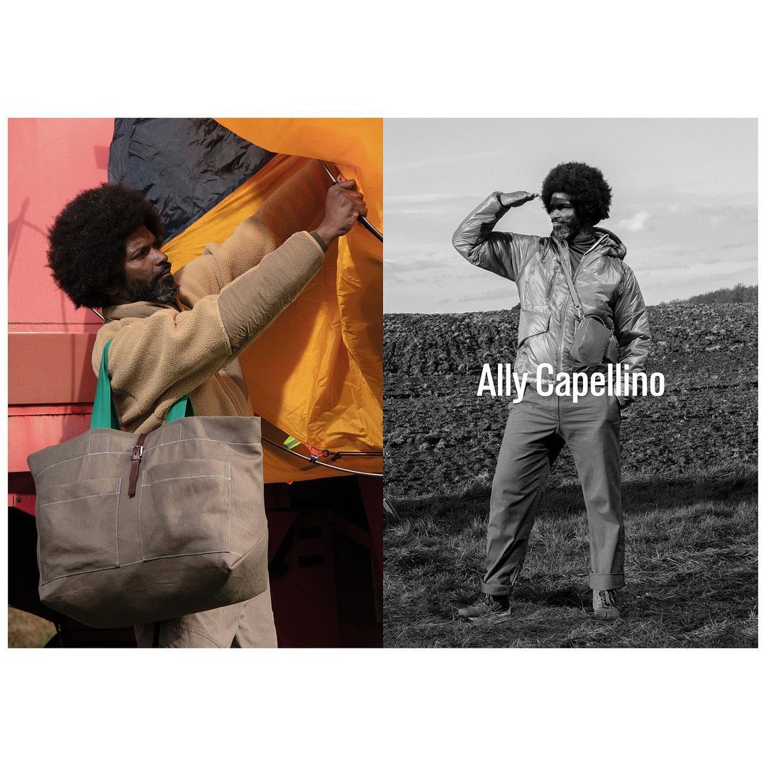 Split-screen fashion shot: man setting up tent, wearing beige jacket and tote bag; man in grayscale mountain landscape, hand shading eyes.