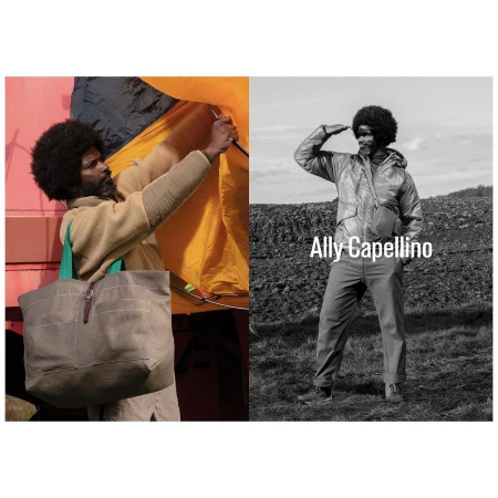 Split-screen fashion shot: man setting up tent, wearing beige jacket and tote bag; man in grayscale mountain landscape, hand shading eyes.