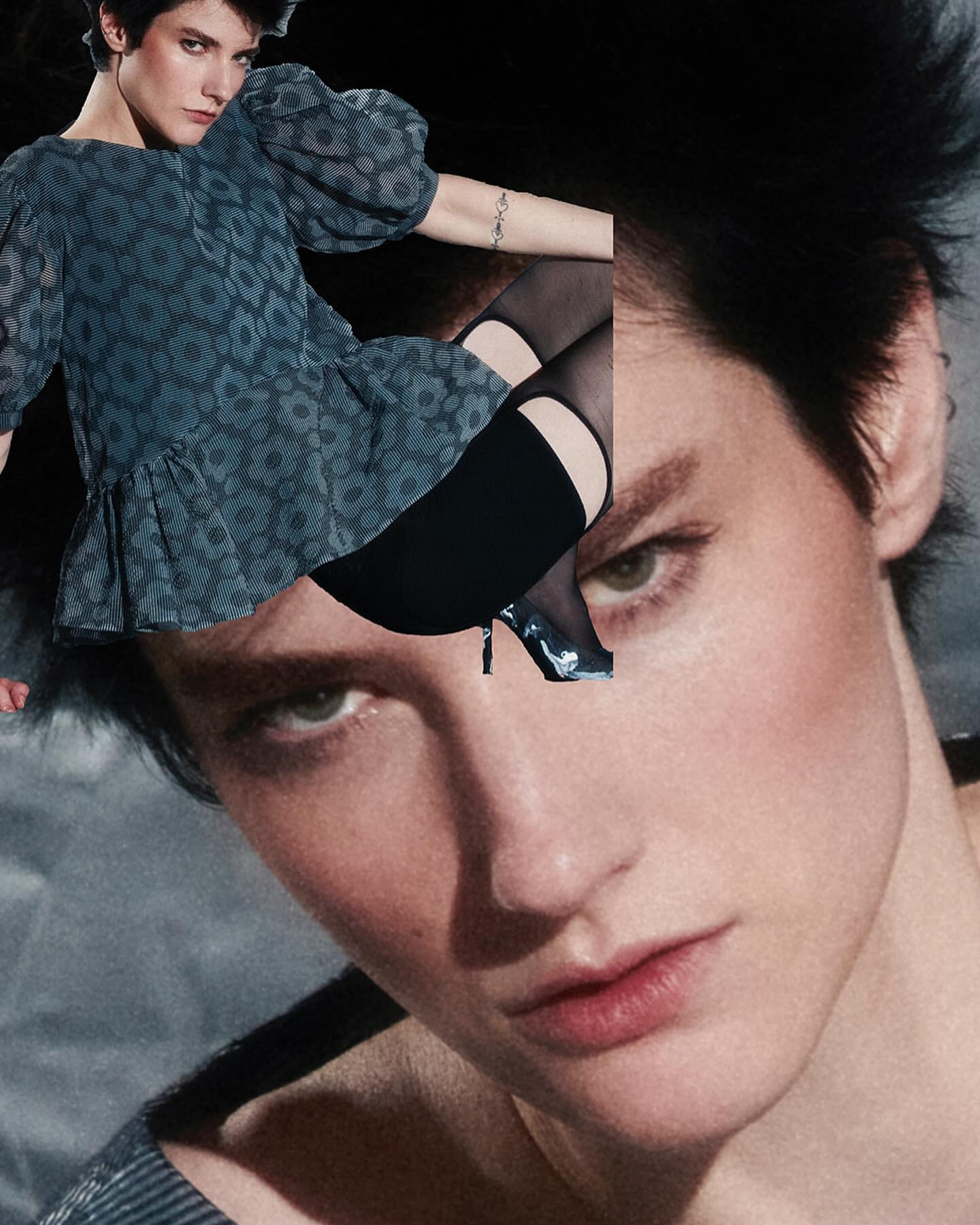 Abstract fashion portrait of a woman with layered images, featuring a blue floral dress, black stockings, and a focus on the face.