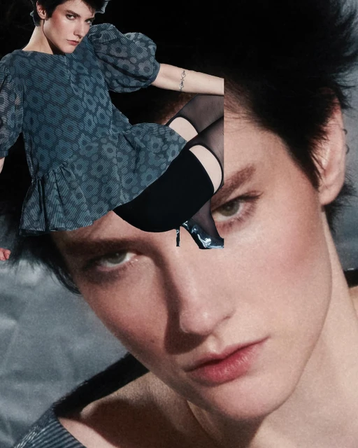 Abstract fashion portrait of a woman with layered images, featuring a blue floral dress, black stockings, and a focus on the face.