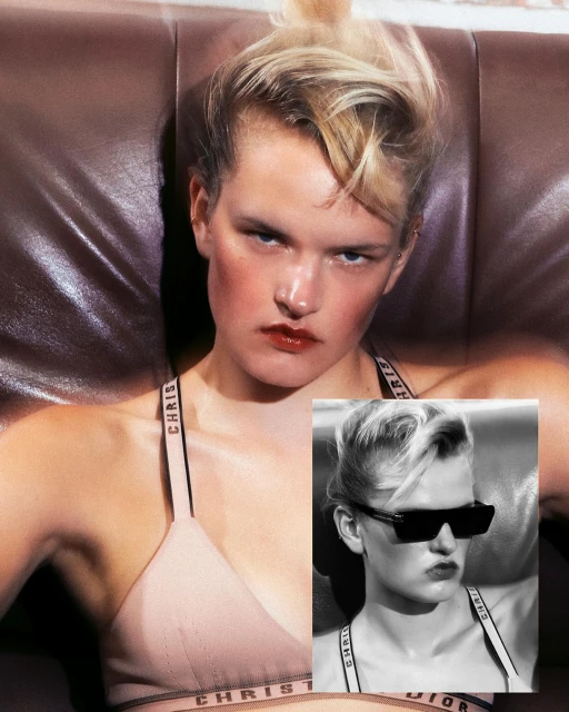 Portrait of a blonde adult woman wearing a pink bra with brand logo, leather chair, and a smaller black and white image inset.