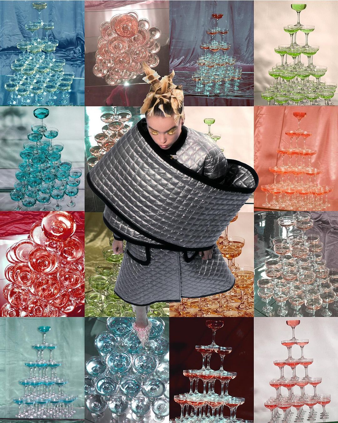 Adult wearing an avant-garde silver quilted outfit surrounded by a collage of colorful champagne tower photographs in an indoor setting.