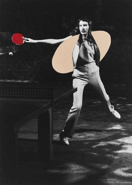 Artistic monochrome shot of a woman playing ping pong with abstract shapes, creating a visually striking and modern composition.