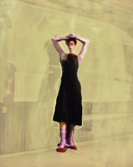 A woman stands with her arms above her head, wearing a black dress and pink boots, set against a yellowish-tan background. 