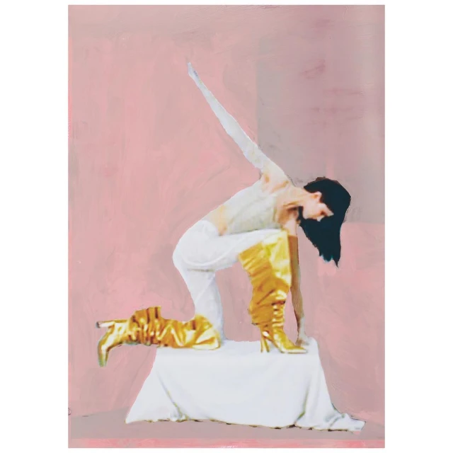 Fashion image with woman in white outfit and gold boots kneeling on a white platform against a blush pink painted background.