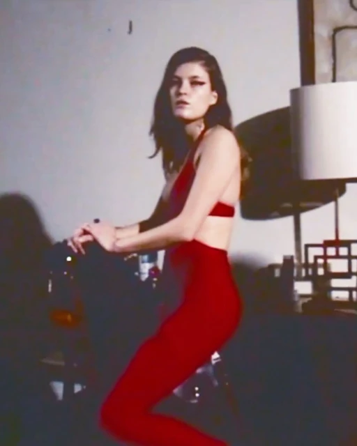 A woman in red athletic wear poses indoors near a black sofa, a standing lamp with a white shade, and a light grey wall.