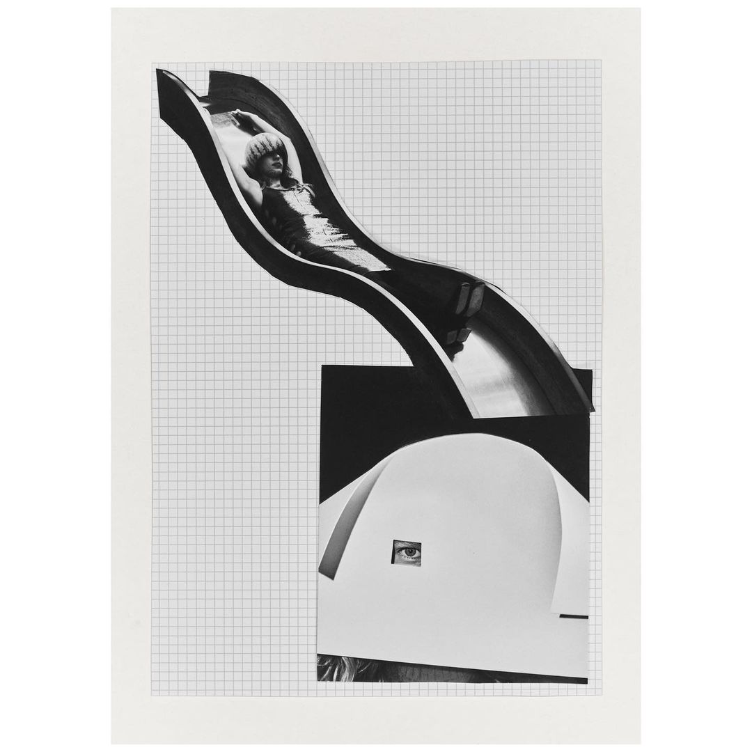 Black and white art collage of a woman sliding down a slide, an eye, paper elements, and a graph paper background.
