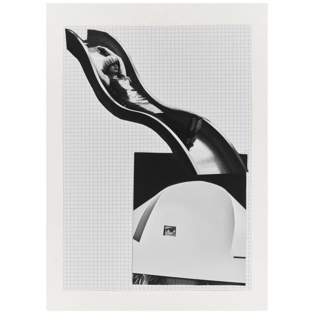Black and white art collage of a woman sliding down a slide, an eye, paper elements, and a graph paper background.