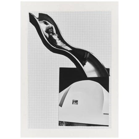 Black and white art collage of a woman sliding down a slide, an eye, paper elements, and a graph paper background.