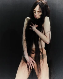 Portrait of a woman with long dark hair holding her chest against a dark textured background