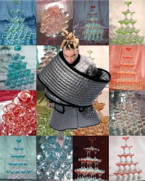 Collage composition featuring champagne towers and a person wearing a large quilted silver coat photographed by Adrian Samson.