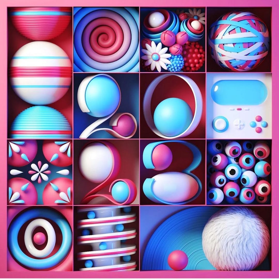 Abstract composition featuring colorful spheres, spirals, and geometric shapes arranged in a grid-like pattern within a pink frame.