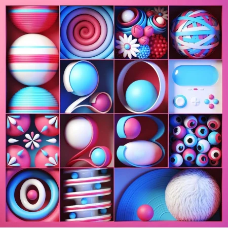 Abstract composition featuring colorful spheres, spirals, and geometric shapes arranged in a grid-like pattern within a pink frame.