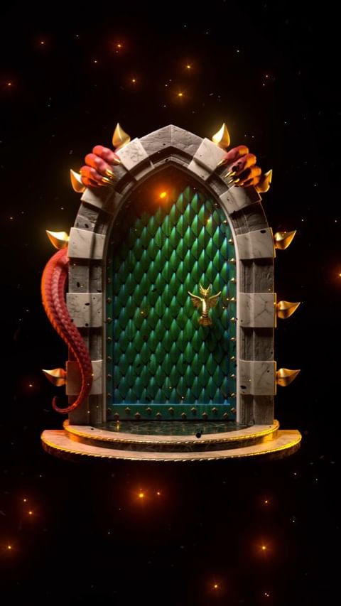 Fantasy stone archway entrance with a green door flanked by red tentacles and gold accents, set against a sparkling black background.
