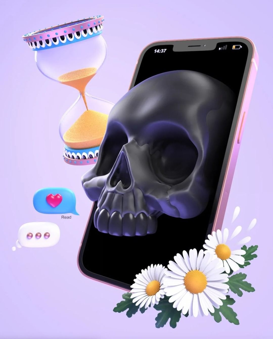 Digital rendering of a smartphone displaying a skull, with flowers, an hourglass, and speech bubbles on a purple background.
