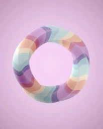 A pastel striped torus ring floating against a solid light purple background created by Adrien Ehrhardt.