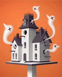 3D render of a white Victorian birdhouse with spooky ghosts floating out of circular windows against an orange background.