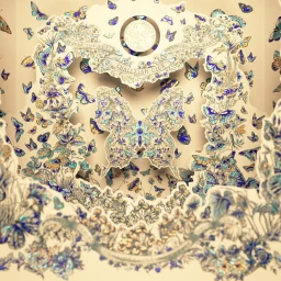 Intricate 3D paper sculpture featuring layered botanical patterns and blue and gold butterflies by Adrien Ehrhardt