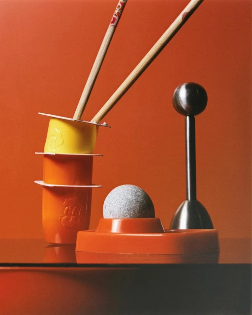 Still life photography of stacked containers and chopsticks next to a modern gray sphere on an orange reflective surface and backdrop.