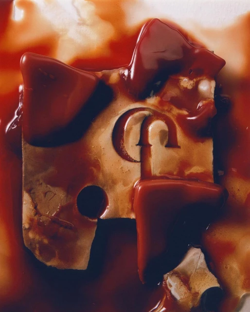 Abstract still life image featuring a piece of what appears to be processed cheese with a letter engraving and dripping red sauce.