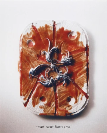 Abstract textured mixed media art featuring a red and brown color scheme with white accents, a decorative emblem, and a glossy finish.