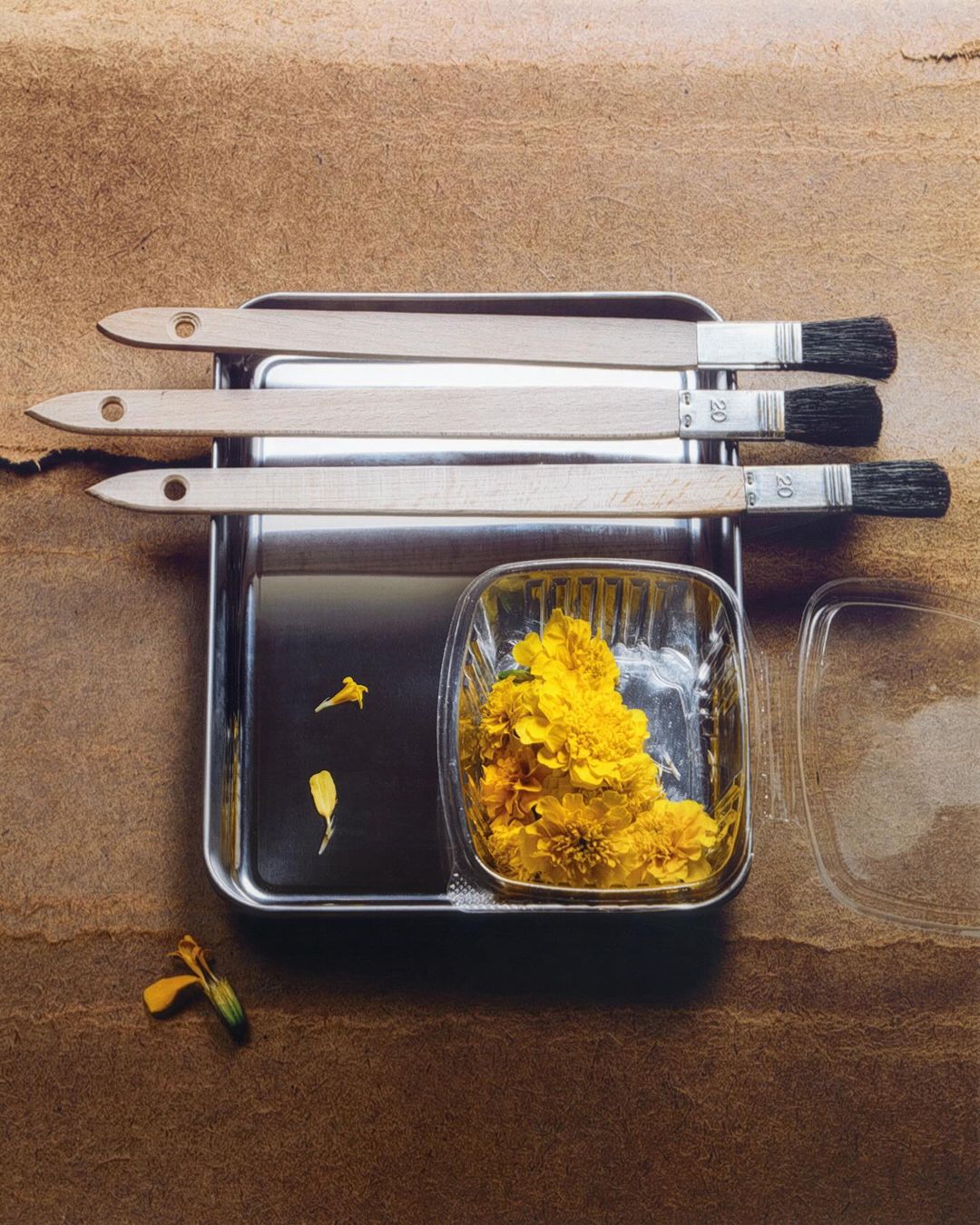 Overhead studio shot of brushes, a tray with liquid, and a container filled with yellow flowers against a textured brown backdrop.