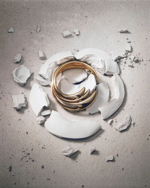Abstract still life of gold bangle on a textured surface surrounded by broken white clay pieces, illuminated by a studio lighting setup.