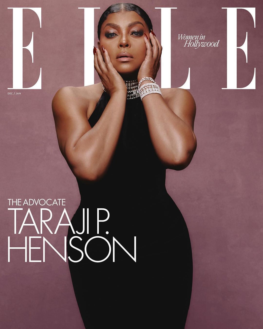 Magazine cover featuring Taraji P. Henson in a black dress and diamond jewelry, with hands near her face against a pink background.