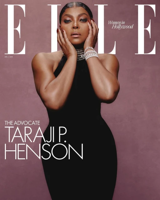 Magazine cover featuring Taraji P. Henson in a black dress and diamond jewelry, with hands near her face against a pink background.