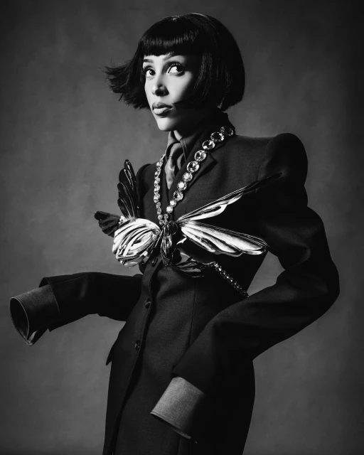 Black and white studio portrait of a woman with a bob haircut wearing a dark suit and butterfly-inspired jewelry, posing against a grey backdrop.
