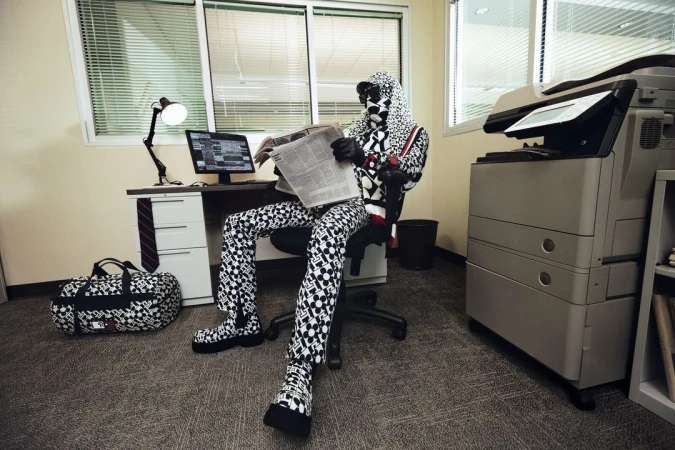 Person in patterned hooded suit reads newspaper at office desk with computer, lamp, and bag, next to a large printer. 