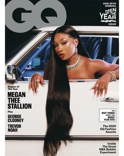 Magazine cover featuring Megan Thee Stallion in a car, wearing jewelry. The cover promotes GQ's Men of the Year issue with other celebrities.