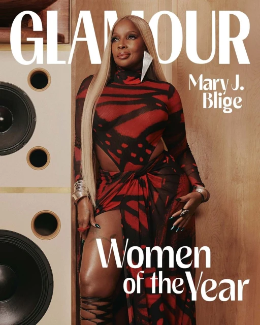 Glamour cover featuring Mary J. Blige in a red and black print dress with blonde hair, standing next to a speaker cabinet.
