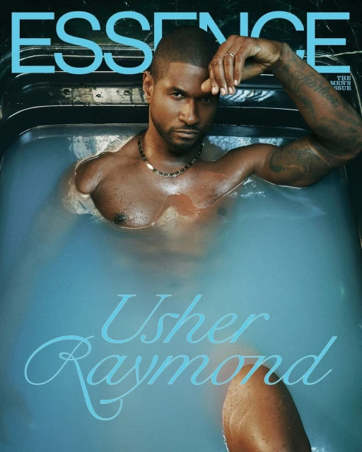 Essence cover featuring Usher Raymond in a bathtub, artistic portrait, showcasing water, black marble, and celebrity lifestyle.